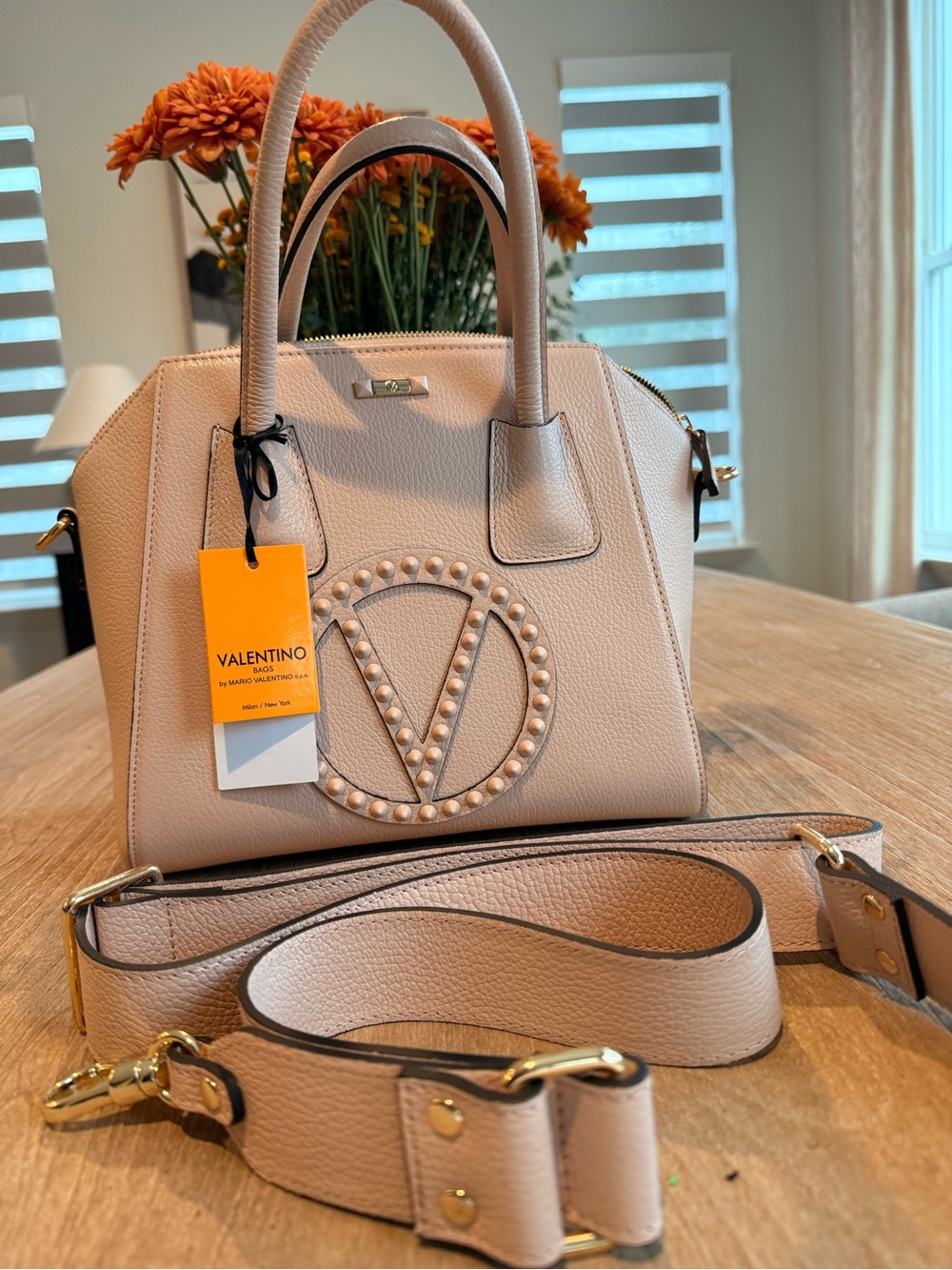 Valentino Taupe Pebbled Leather Top-Handle Satchel with Strap